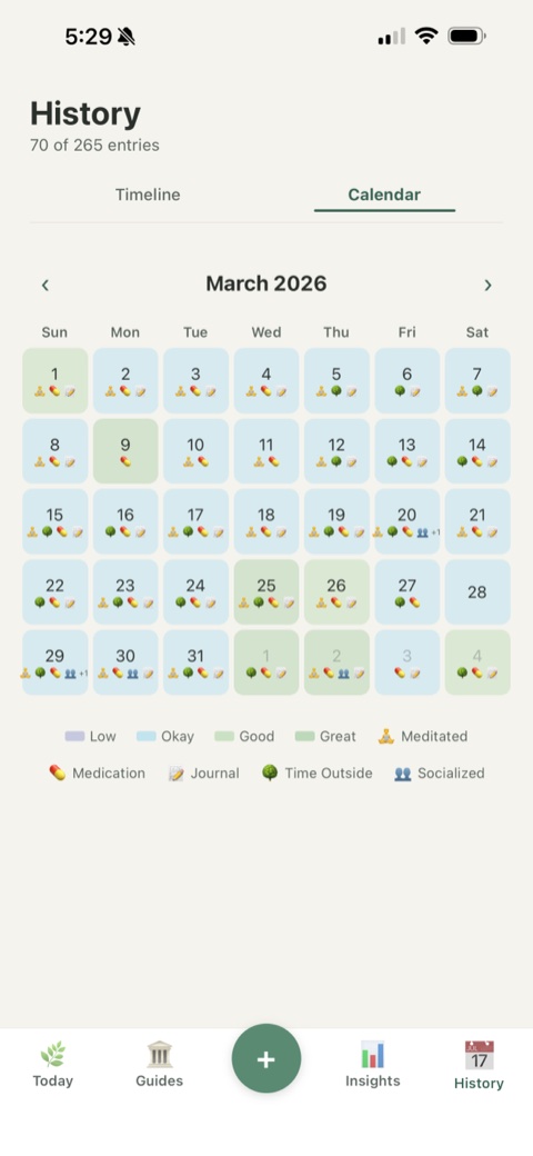 History — mood calendar with color-coded days