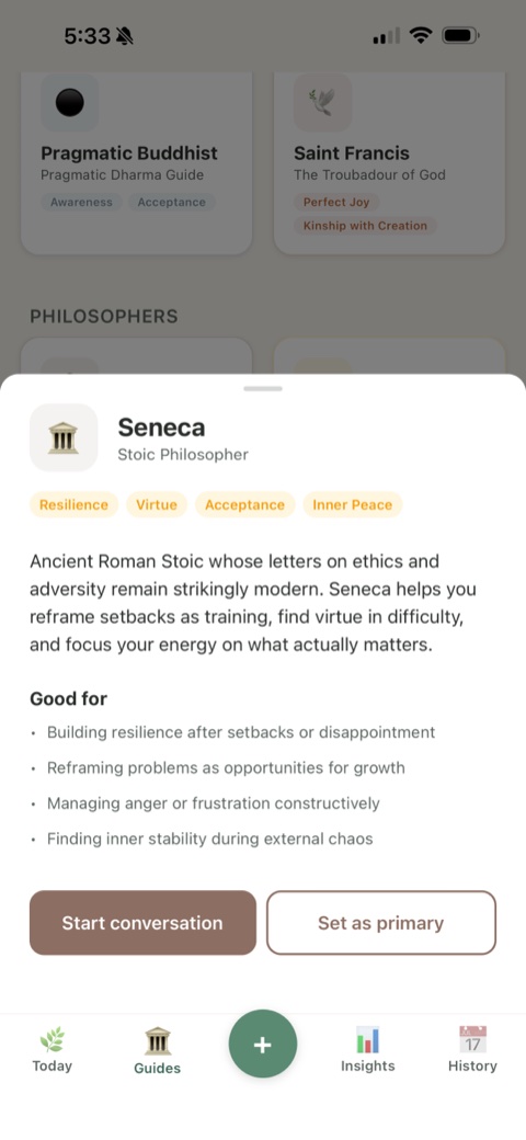Guide detail — Seneca's profile with specialties and conversation starter