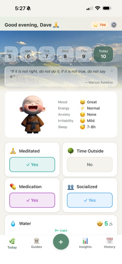 Today screen — mood check-in with sliders and toggles